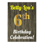 [ Thumbnail: Faux Wood, Faux Gold 6th Birthday Celebration Invitation ]