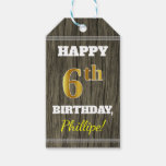 [ Thumbnail: Faux Wood, Faux Gold 6th Birthday + Custom Name Gift Tags ]