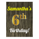 [ Thumbnail: Faux Wood, Faux Gold 6th Birthday & Custom Name Postcard ]