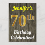 [ Thumbnail: Faux Wood, Faux Gold 70th Birthday Celebration Invitation ]