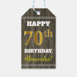 [ Thumbnail: Faux Wood, Faux Gold 70th Birthday + Custom Name Gift Tags ]