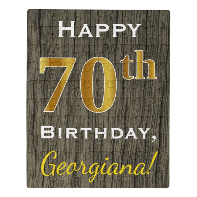 Faux Wood, Faux Gold 70th Birthday + Custom Name Jigsaw Puzzle (Puzzle Vertical)