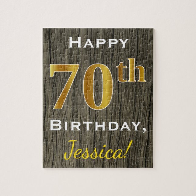 Faux Wood, Faux Gold 70th Birthday + Custom Name Jigsaw Puzzle (Vertical)