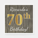 [ Thumbnail: Faux Wood, Faux Gold 70th Birthday + Custom Name Paper Napkin ]