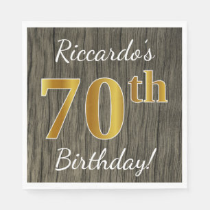 Faux Wood, Faux Gold 70th Birthday + Custom Name Paper Napkins