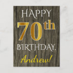 [ Thumbnail: Faux Wood, Faux Gold 70th Birthday + Custom Name Postcard ]