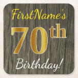 [ Thumbnail: Faux Wood, Faux Gold 70th Birthday + Custom Name Paper Coaster ]