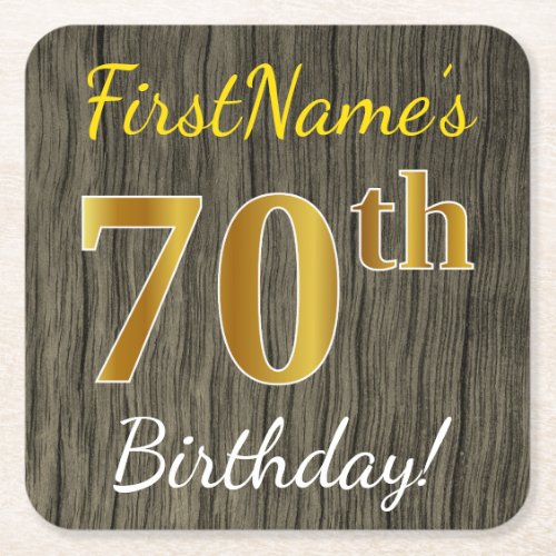 Faux Wood Faux Gold 70th Birthday  Custom Name Square Paper Coaster