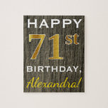 [ Thumbnail: Faux Wood, Faux Gold 71st Birthday + Custom Name Jigsaw Puzzle ]