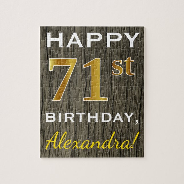 Faux Wood, Faux Gold 71st Birthday + Custom Name Jigsaw Puzzle (Vertical)