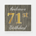 [ Thumbnail: Faux Wood, Faux Gold 71st Birthday + Custom Name Napkin ]