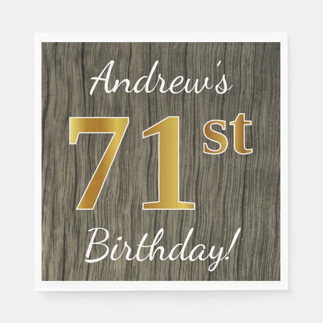 Faux Wood, Faux Gold 71st Birthday + Custom Name Napkins (Front)