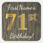 [ Thumbnail: Faux Wood, Faux Gold 71st Birthday + Custom Name Sticker ]