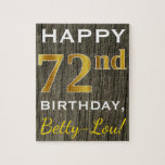 [ Thumbnail: Faux Wood, Faux Gold 72nd Birthday + Custom Name Jigsaw Puzzle ]