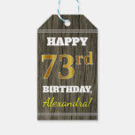 [ Thumbnail: Faux Wood, Faux Gold 73rd Birthday + Custom Name Gift Tags ]