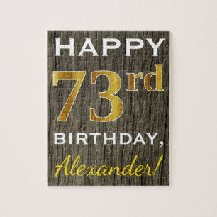 Faux Wood, Faux Gold 73rd Birthday + Custom Name Jigsaw Puzzle