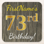 [ Thumbnail: Faux Wood, Faux Gold 73rd Birthday + Custom Name Paper Coaster ]