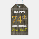 [ Thumbnail: Faux Wood, Faux Gold 74th Birthday + Custom Name Gift Tags ]