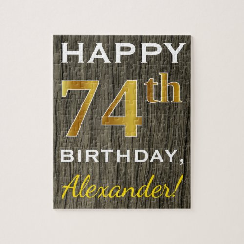 Faux Wood Faux Gold 74th Birthday  Custom Name Jigsaw Puzzle