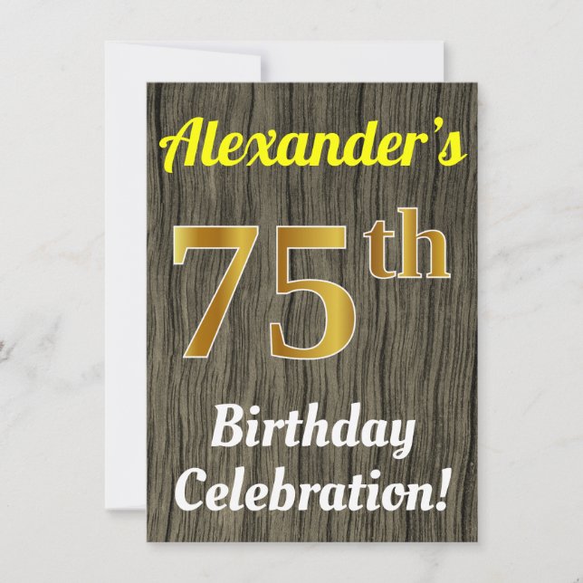 Faux Wood, Faux Gold 75th Birthday Celebration Invitation (Front)