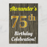 [ Thumbnail: Faux Wood, Faux Gold 75th Birthday Celebration Invitation ]