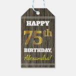 [ Thumbnail: Faux Wood, Faux Gold 75th Birthday + Custom Name Gift Tags ]