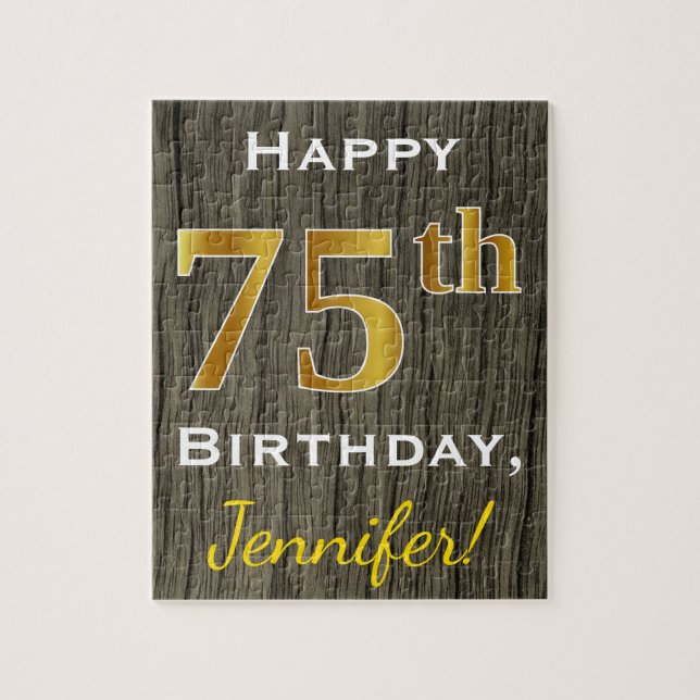 Faux Wood, Faux Gold 75th Birthday + Custom Name Jigsaw Puzzle (Vertical)