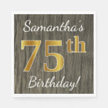 [ Thumbnail: Faux Wood, Faux Gold 75th Birthday + Custom Name Napkin ]