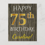 [ Thumbnail: Faux Wood, Faux Gold 75th Birthday + Custom Name Postcard ]