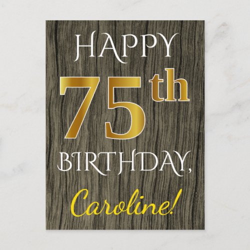 Faux Wood Faux Gold 75th Birthday  Custom Name Postcard