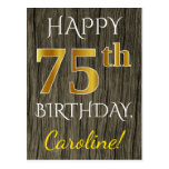 [ Thumbnail: Faux Wood, Faux Gold 75th Birthday + Custom Name Postcard ]