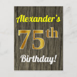 [ Thumbnail: Faux Wood, Faux Gold 75th Birthday & Custom Name Postcard ]
