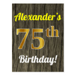 [ Thumbnail: Faux Wood, Faux Gold 75th Birthday & Custom Name Postcard ]