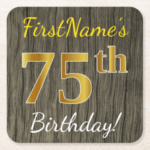 Faux Wood, Faux Gold 75th Birthday + Custom Name Square Paper Coaster