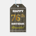 [ Thumbnail: Faux Wood, Faux Gold 76th Birthday + Custom Name Gift Tags ]