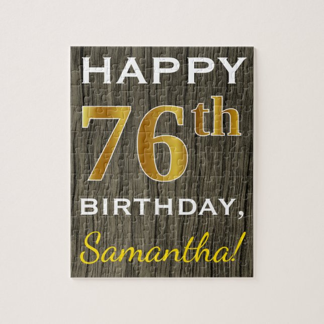 Faux Wood, Faux Gold 76th Birthday + Custom Name Jigsaw Puzzle (Vertical)