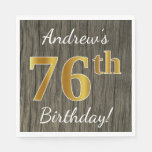 [ Thumbnail: Faux Wood, Faux Gold 76th Birthday + Custom Name Napkin ]