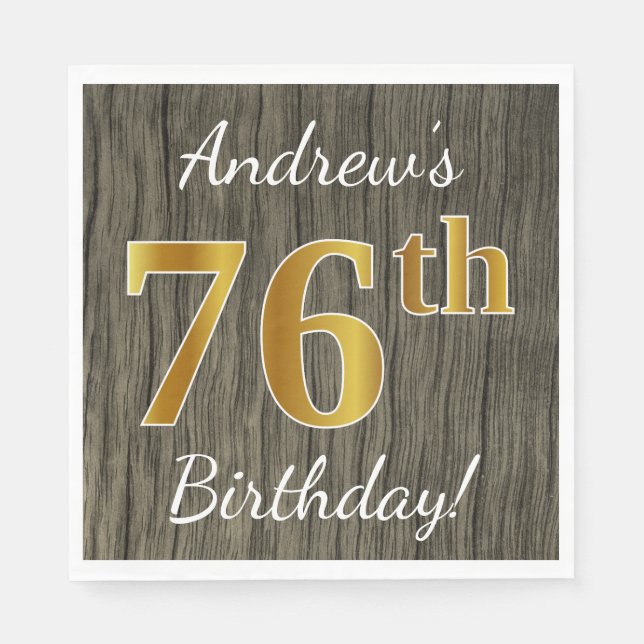 Faux Wood, Faux Gold 76th Birthday + Custom Name Napkins (Front)