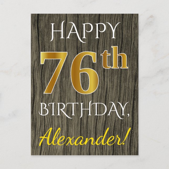 Faux Wood, Faux Gold 76th Birthday + Custom Name Postcard (Front)