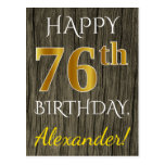 [ Thumbnail: Faux Wood, Faux Gold 76th Birthday + Custom Name Postcard ]