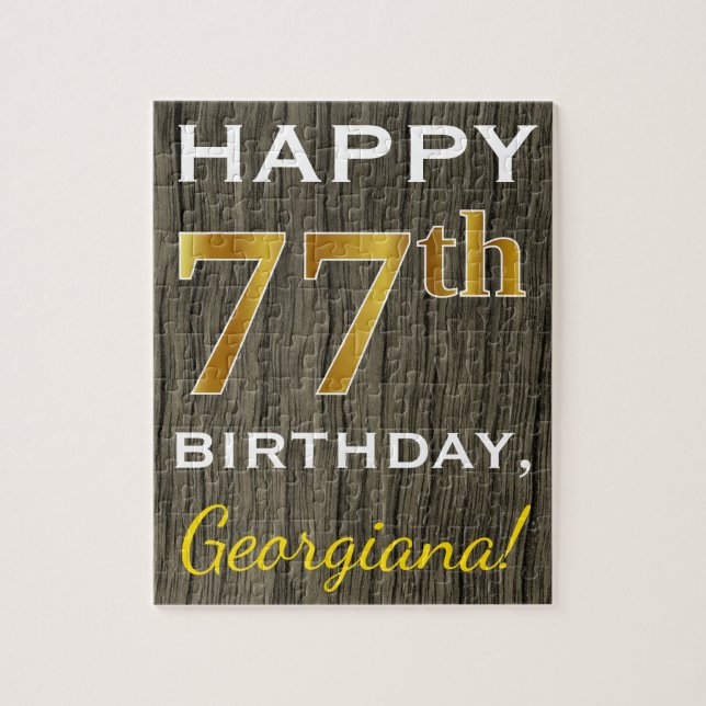 Faux Wood, Faux Gold 77th Birthday + Custom Name Jigsaw Puzzle (Vertical)
