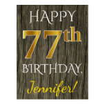 [ Thumbnail: Faux Wood, Faux Gold 77th Birthday + Custom Name Postcard ]