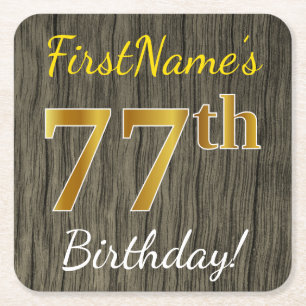 Faux Wood, Faux Gold 77th Birthday + Custom Name Square Paper Coaster