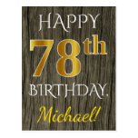 [ Thumbnail: Faux Wood, Faux Gold 78th Birthday + Custom Name Postcard ]