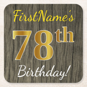 Faux Wood, Faux Gold 78th Birthday + Custom Name Square Paper Coaster