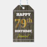 [ Thumbnail: Faux Wood, Faux Gold 79th Birthday + Custom Name Gift Tags ]