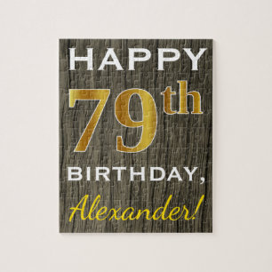 Faux Wood, Faux Gold 79th Birthday + Custom Name Jigsaw Puzzle