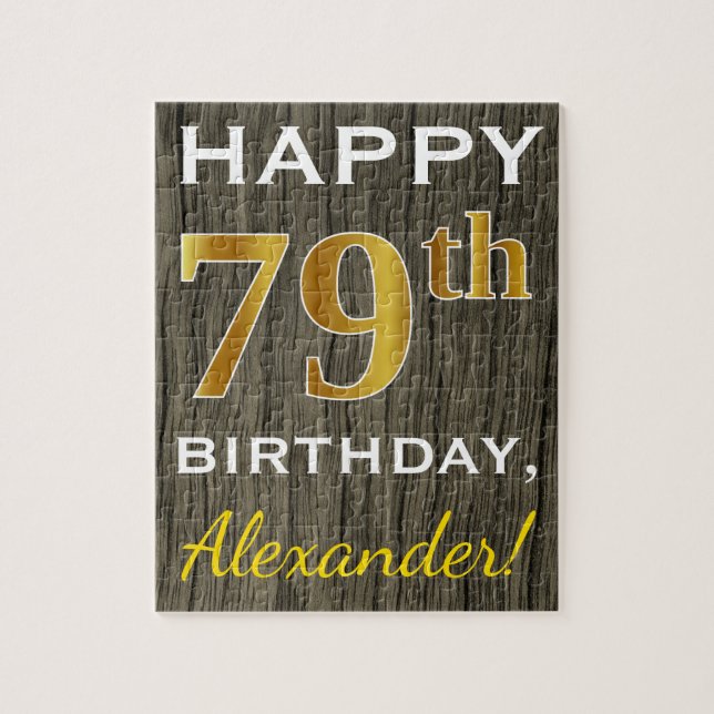 Faux Wood, Faux Gold 79th Birthday + Custom Name Jigsaw Puzzle (Vertical)