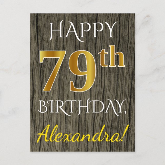 Faux Wood, Faux Gold 79th Birthday + Custom Name Postcard (Front)