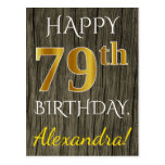[ Thumbnail: Faux Wood, Faux Gold 79th Birthday + Custom Name Postcard ]